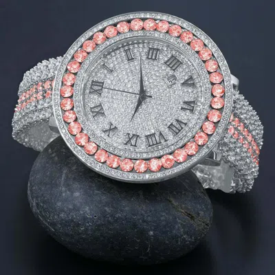 Pre-owned Ice House Mens Pink Solitaire Bezel Roman Numeral Dial White Gold Finish Simulated Diamond
