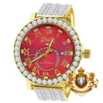 Pre-owned Ice House Mens Real Diamond Ruby Red Dial Roman Face Gold Tone Custom Band Bezel Xl Watch