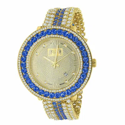 Pre-owned Ice House Mens Real Genuine Diamond Blue Sapphire 18k Yellow Gold Tone Custom Watch W/date
