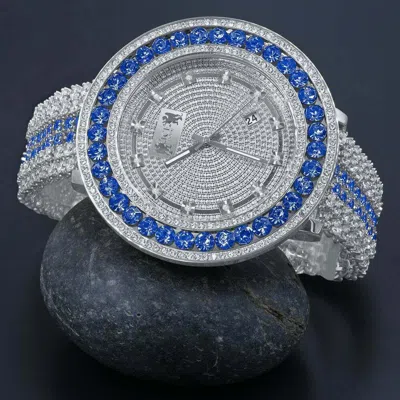 Pre-owned Ice House Mens White Gold Tone Xxl Blue Solitaire Bezel W/ Custom Cz Band Watch W/date