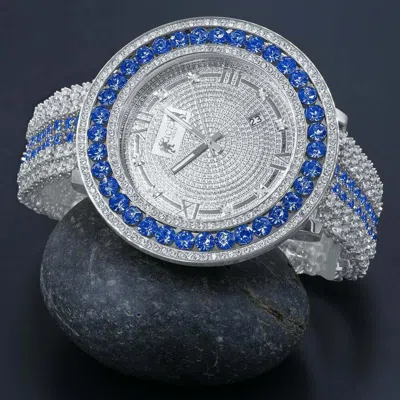 Pre-owned Ice House Mens White Gold Tone Xxl Blue Solitaire Bezel W/ Custom Cz Band Watch W/date
