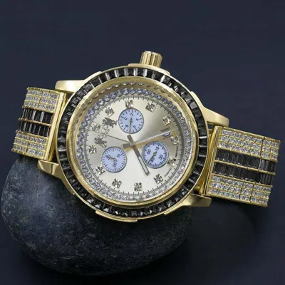 Pre-owned Ice House Onyx Black Solid Steel Baguette-cut Real Diamond Solitaire Bezel 18k Gold Tone