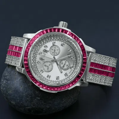 Pre-owned Ice House Pink Baguette White Gold Custom Solid Steel Solitaire Bezel Band Diamond Watch
