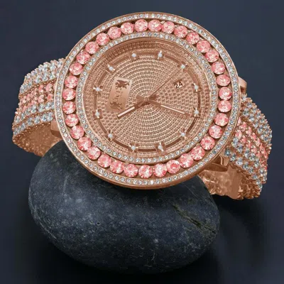 Pre-owned Ice House Pink Solitaire Face Full Diamond Illusion 18k Rose Gold Tone W/date Watch
