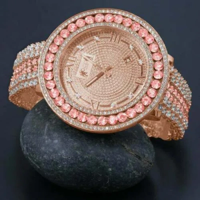 Pre-owned Ice House Pink Solitaire Face Full Diamond Illusion 18k Rose Gold Tone W/date Watch