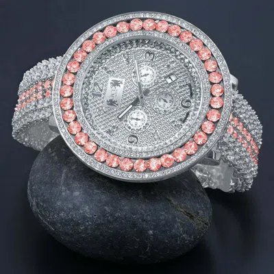 Pre-owned Ice House Pink Tourmaline Custom Watch Real Diamond Dial 18k White Gold Finish Steel Back