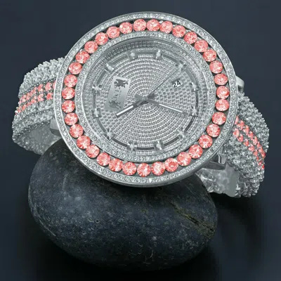 Pre-owned Ice House Pink Tourmaline Custom Watch Real Diamond Dial 18k White Gold Finish Steel Back