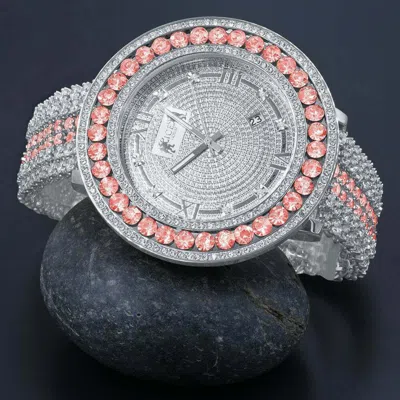 Pre-owned Ice House Pink Tourmaline Custom Watch Real Diamond Dial 18k White Gold Finish Steel Back