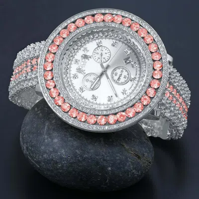 Pre-owned Ice House Pink Tourmaline Custom Watch Real Diamond Dial 18k White Gold Finish Steel Back