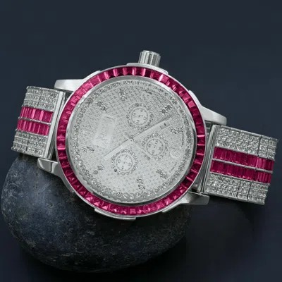 Pre-owned Ice House Pink Tourmaline Solid Steel Custom Bezel Real Diamond Dial White Gold Tone Watch