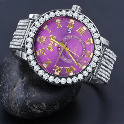 Pre-owned Ice House Purple Amethyst 12 Real Diamond Gold Tone Solitaire Dial Custom Band Bezel Watch