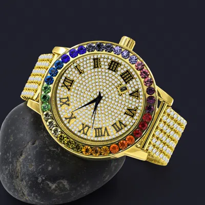 Pre-owned Ice House Rainbow Multi 14k Gold Tone Icy Zirconium Roman Numeral Dial Men's Watch Xl 55mm