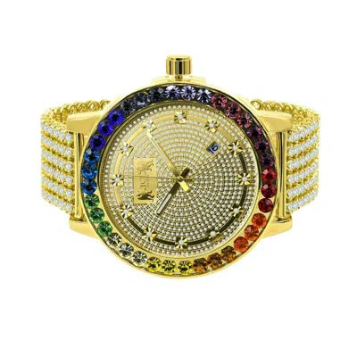 Pre-owned Ice House Rainbow Multi Gold Gold Tone Real Diamond Dial Solitaire Men's Custom Watch 55mm