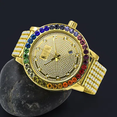 Pre-owned Ice House Rainbow Multi Gold Tone Real Diamond Dial Roman Face Men's Custom Watch Xl 55mm
