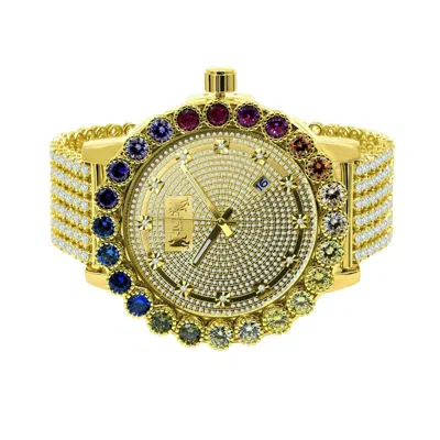 Pre-owned Ice House Rainbow Multi Gold Tone Real Diamond Full Illusion Solitaire Dial Watch Big 55mm