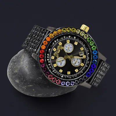 Pre-owned Ice House Rainbow Multi Tone 18k Black Gold Channel Set Bezel Diamond Time Piece Men Watch