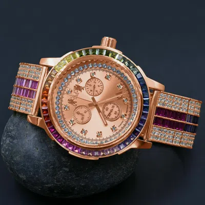 Pre-owned Ice House Rainbow Multi Tone 18k Rose Gold Tone Real Diamond Dial Solid Steel Bezel Watch