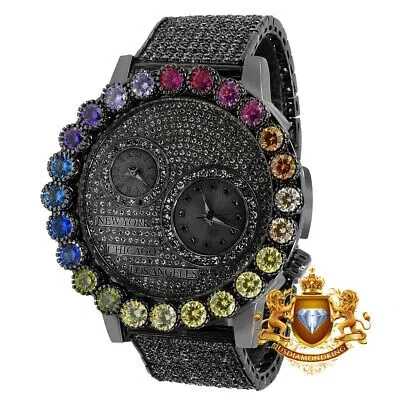 Pre-owned Ice House Rainbow Multi Tone Chronograph Real Diamond Dial Men's Black Gold Finish Watch