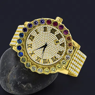 Pre-owned Ice House Rainbow Multi Tone Prong Set Custom Roman Numeral Big Xl 55mm Men's Custom Watch