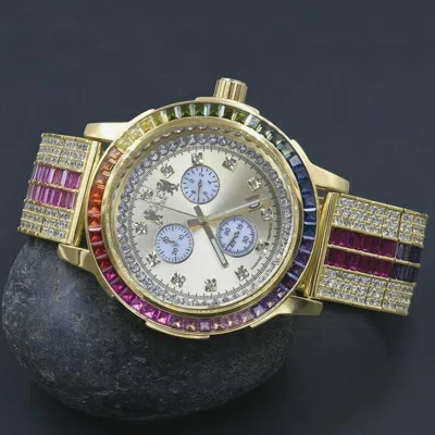 Pre-owned Ice House Rainbow Multi Tone Real Diamond Solid Steel Baguette -solitaire Bezel Gold Tone
