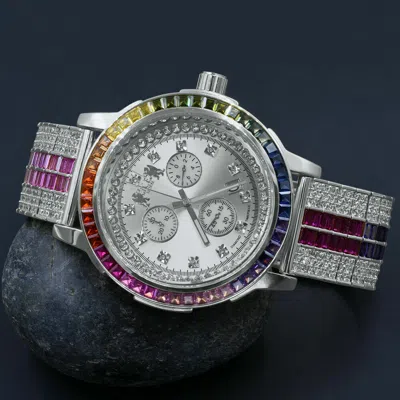 Pre-owned Ice House Rainbow Multi Tone White Gold Steel Baguette Solitaire Bezel Band Diamond Watch
