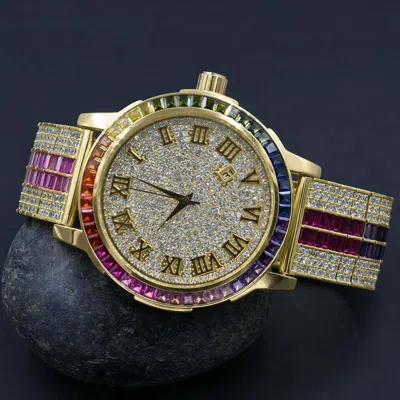 Pre-owned Ice House Rainbow Roman Numeral Dial Gold Tone Simulated Diamond Solid Steel Bezel Watch