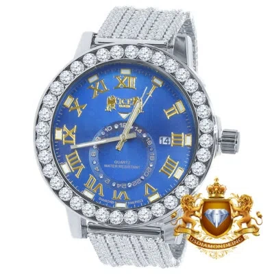 Pre-owned Ice House Real Diamond Blue Roman Dial Solitaire White Gold Finish Custom Band Bezel Watch