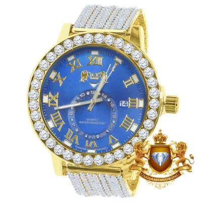 Pre-owned Ice House Real Diamond Blue Sapphire Dial Roman Face Gold Tone Custom Band Bezel Xl Watch