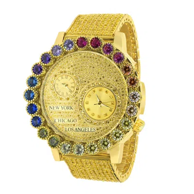 Pre-owned Ice House Real Diamond Canary Gold 2 Time Zone Prong Set Dial Rainbow Chronograph Watch