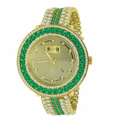 Pre-owned Ice House Real Diamond Dial 18k Yellow Gold Finish W/date Men's Custom Watch Emerald Green