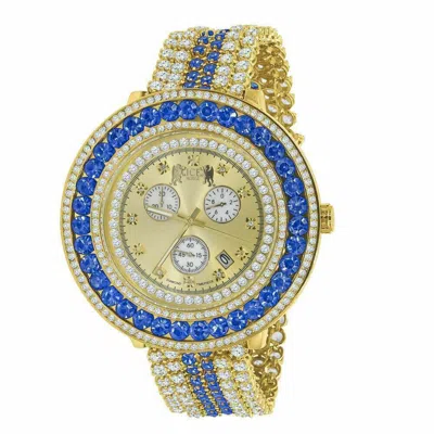 Pre-owned Ice House Real Diamond Dial Blue Sapphire Gold Tone Finish Men's Custom Bezel Band Watch