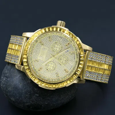 Pre-owned Ice House Real Diamond Dial Canary Gold Finish Custom Band Watch W/date Solid Steel Bezel
