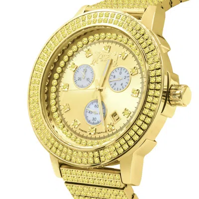 Pre-owned Ice House Real Diamond Dial Full Stainless Steel Canary Gold Tone Men's Watch W/date 54mm