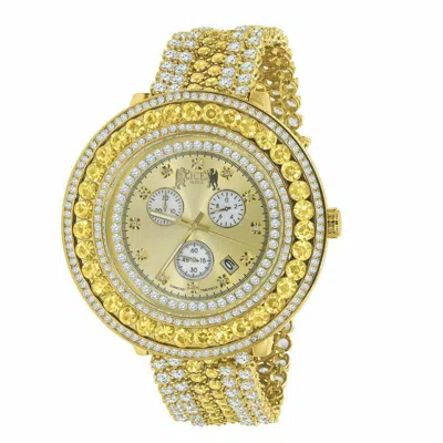 Pre-owned Ice House Real Diamond Dial Gold Tone Finish Canary& White Removable Bezel Men Wrist Watch