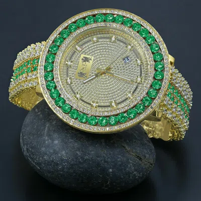 Pre-owned Ice House Real Diamond Dial Mens Custom Watch Emerald Green 18k Yellow Gold Finish W/date