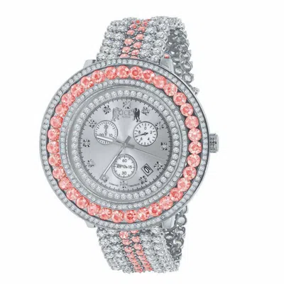 Pre-owned Ice House Real Diamond Dial Pink Tourmaline Custom Watch 18k White Gold Finish Steel Back