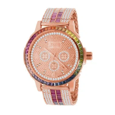 Pre-owned Ice House Real Diamond Dial Rainbow Multi Tone Mens Watch Rose Gold Solid Steel Bezel Band