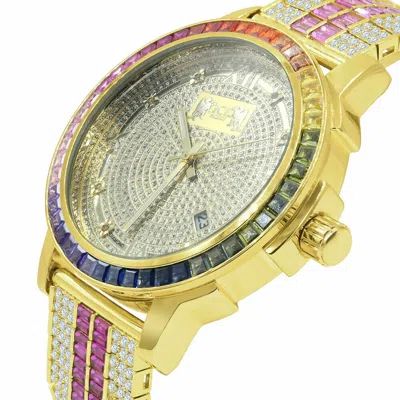 Pre-owned Ice House Real Diamond Dial Rainbow Multi Tone Watch 18k Gold Finish Solid Steel Bezel