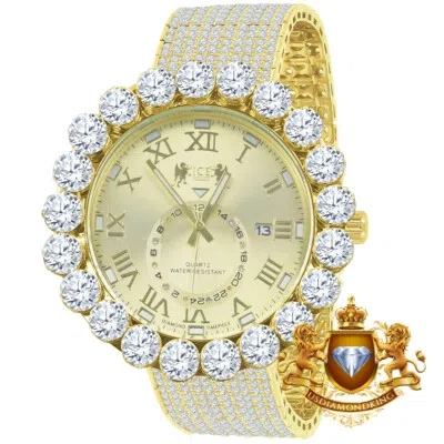 Pre-owned Ice House Real Diamond Dial Roman Face Gold Tone 10 Row Custom Band Bezel Watch Xl 55mm