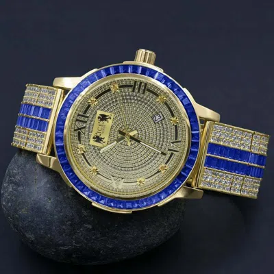 Pre-owned Ice House Real Diamond Dial Sapphire Blue Gold Tone Roman Dial Stainless Steel Bezel Watch