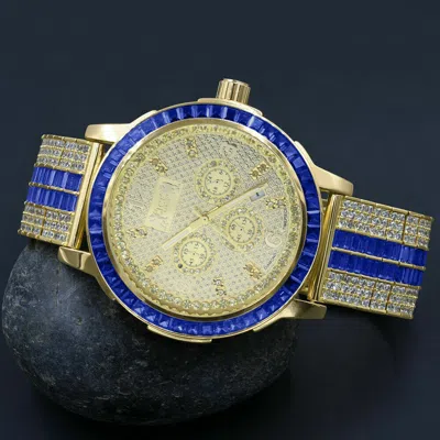 Pre-owned Ice House Real Diamond Dial Stainless Steel Baguette Bezel Sapphire Blue Gold Tone Watch