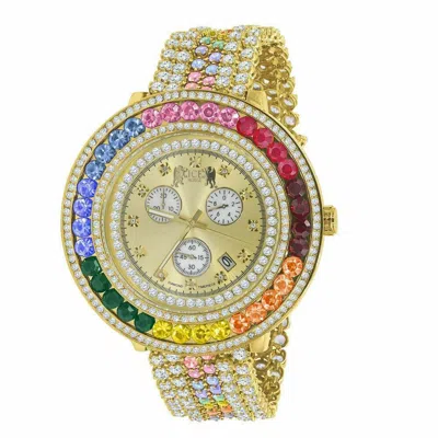 Pre-owned Ice House Real Diamond Gold Finish Rainbow Multi Color Band Removable Bezel Wrist Watch