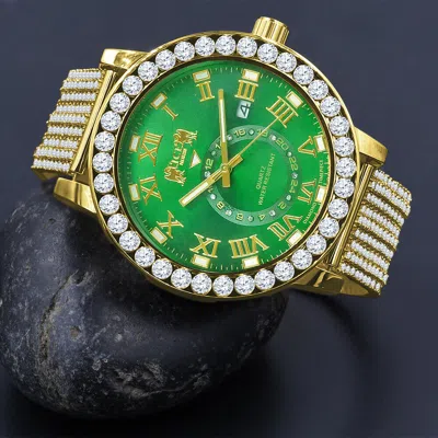 Pre-owned Ice House Real Diamond Gold Gp Emerald Green Roman Solitaire Dial Custom Band Bezel Watch
