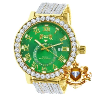 Pre-owned Ice House Real Diamond Green Emerald Dial Roman Face Gold Tone Custom Band Bezel Xl Watch