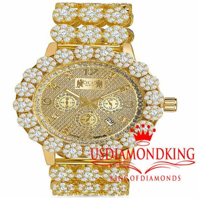 Pre-owned Ice House Real Diamond Pave Flower Bezel 3 Row A++ Czs Custom Band Gold Tone Men's Watch