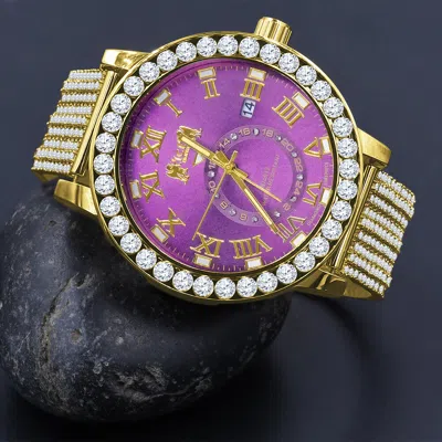 Pre-owned Ice House Real Diamond Purple Amethyst Solitaire Dial Gold Finish Custom Band Bezel Watch