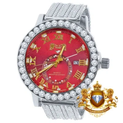 Pre-owned Ice House Real Diamond Red Roman Dial Solitaire White Gold Tone Custom Band Bezel Xl Watch