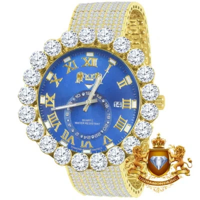 Pre-owned Ice House Real Diamond Roman Dial Gold Tone Blue Face 10 Row Custom Band Bezel Watch 55mm