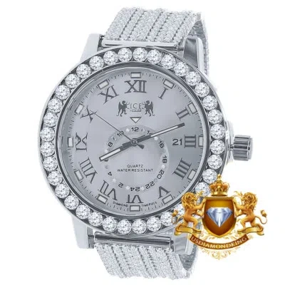 Pre-owned Ice House Real Diamond Roman Dial Solitaire White Gold Finish Custom Band Bezel Watch 55mm