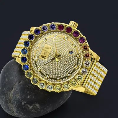 Pre-owned Ice House Real Diamond Solitaire Dial Rainbow Multi Gold Tone Men's Custom 55 Mm Big Watch